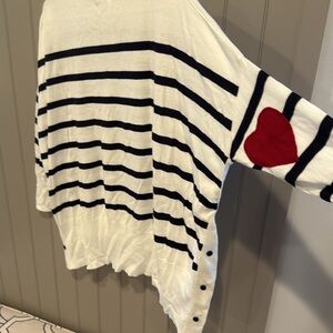 MerSea Cream And Black Striped 3/4 Sleeve Sweater With Hearts On Sleeves